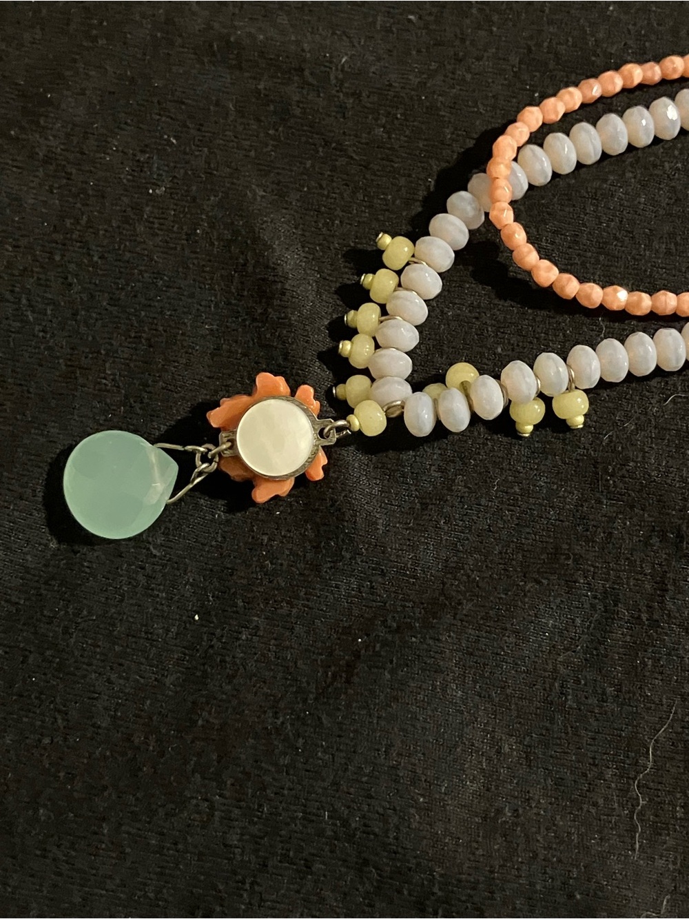 Double-Strand Coral Flower and Mint Pendant Necklace - Pastel Beads - Picture 4 of 8